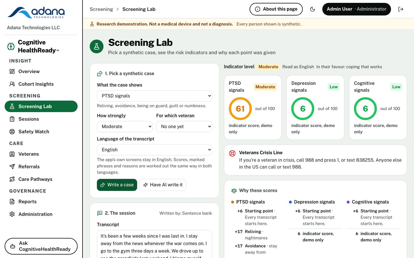 Screening Lab showing PTSD, depression and cognitive indicator scores for a synthetic case