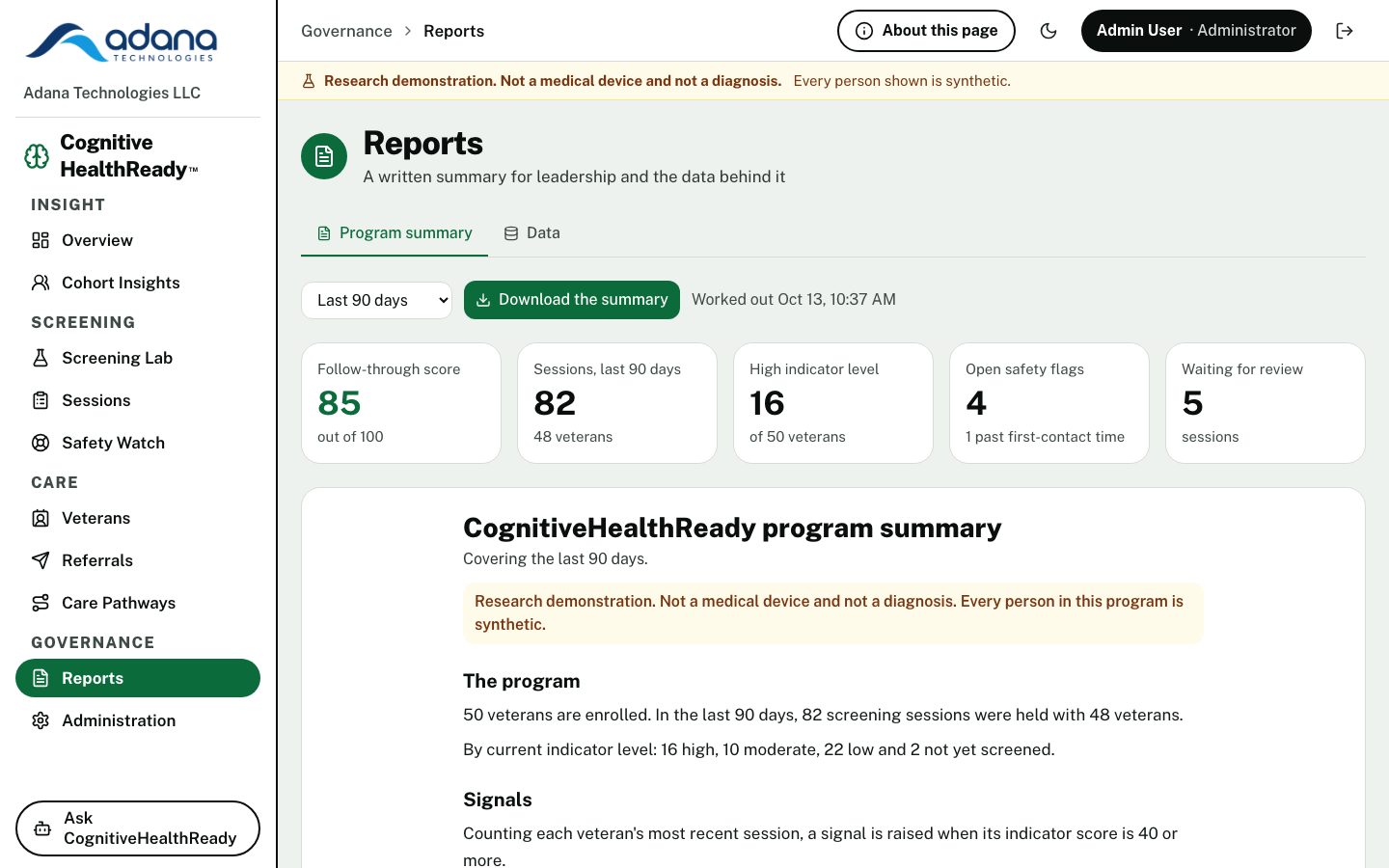 Reports page with the program summary
