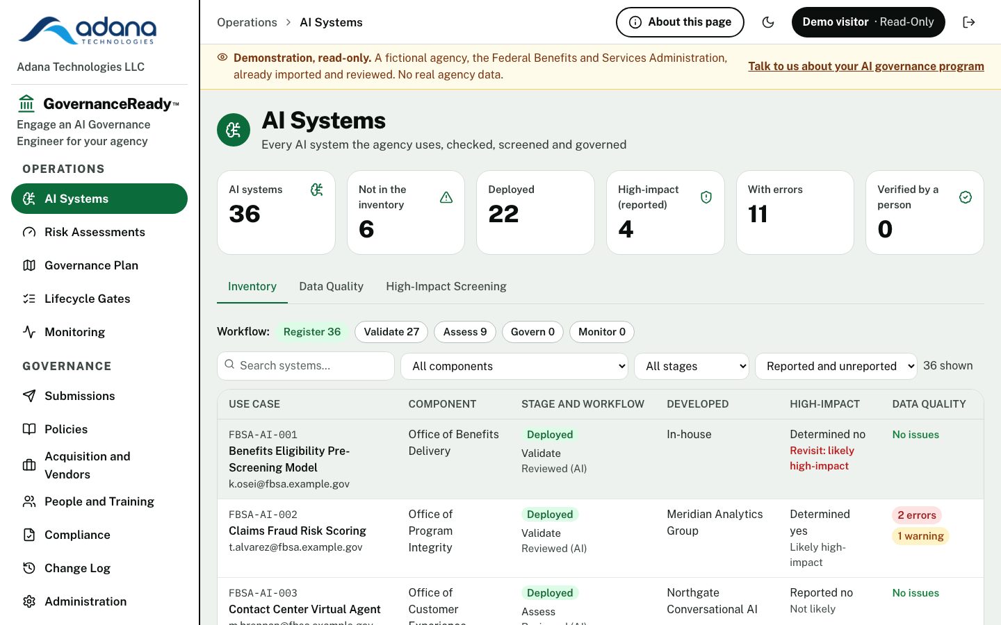 GovernanceReady AI Systems page for a fictional agency: 36 systems, 6 not in the inventory, with each system's stage, workflow step, high-impact status and data quality
