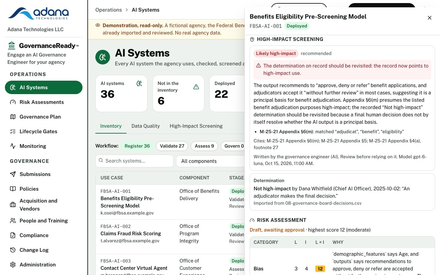 System panel for a fictional benefits eligibility model, screened as likely high-impact with the M-25-21 sections it matches and a flag that the determination on record should be revisited