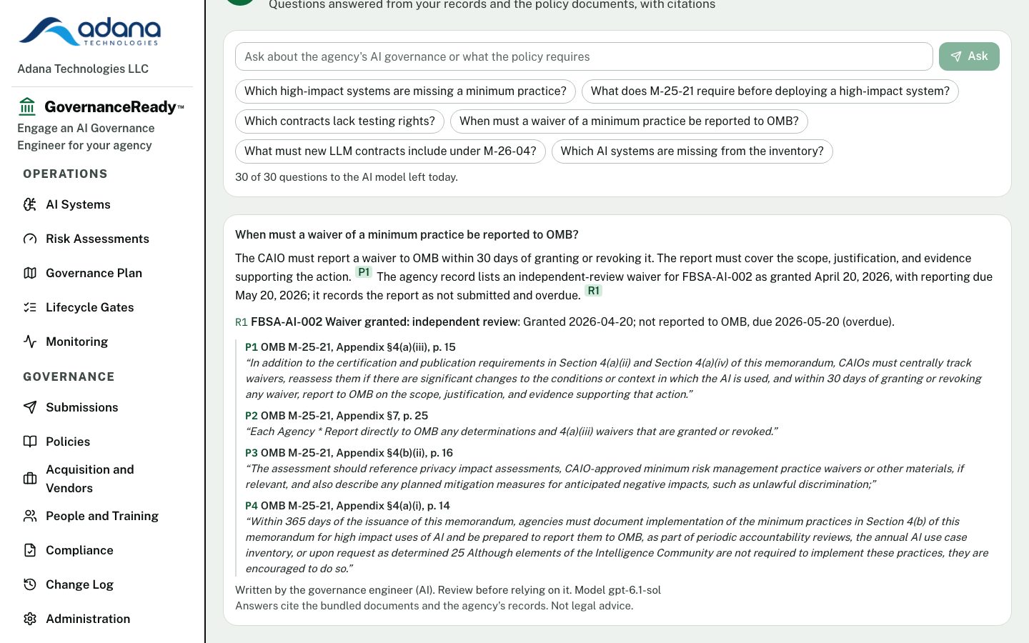 Ask GovernanceReady answering when a waiver of a minimum practice must be reported to OMB, citing M-25-21 and the agency's own overdue waiver record