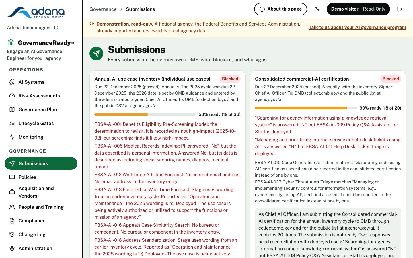 Submissions page for a fictional agency showing the annual AI use case inventory and the commercial-AI certification, each with its readiness and blockers