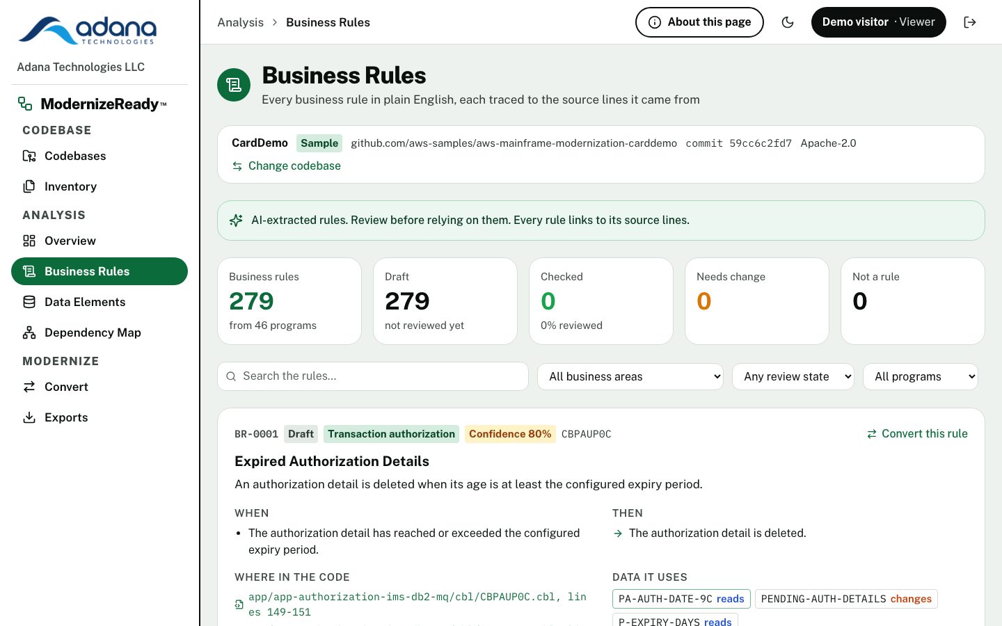 Business Rules page showing a rule with its conditions, outcome, data and source lines