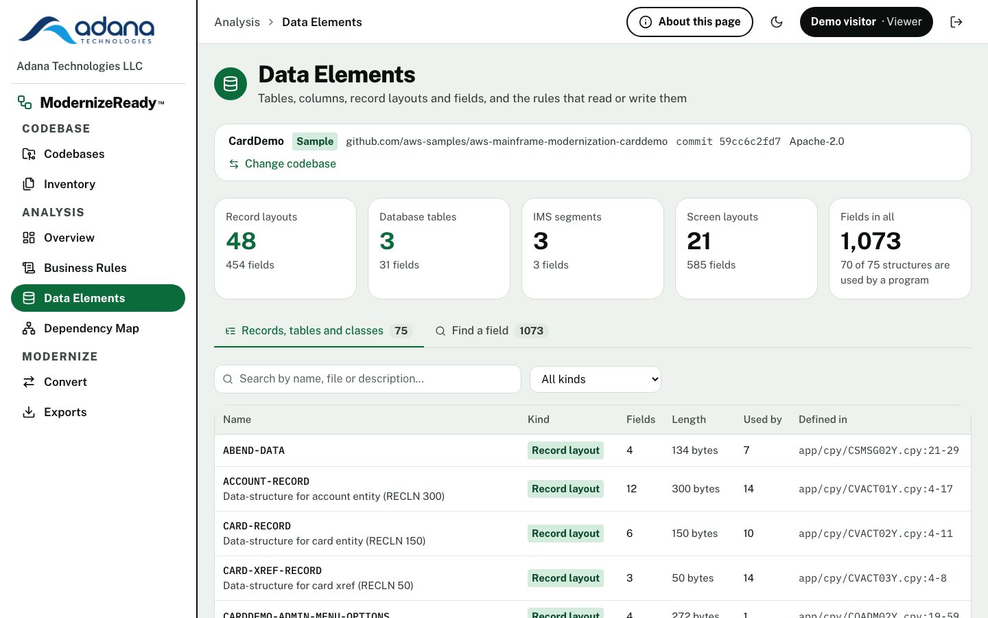 Data Elements page listing the structures found in the codebase