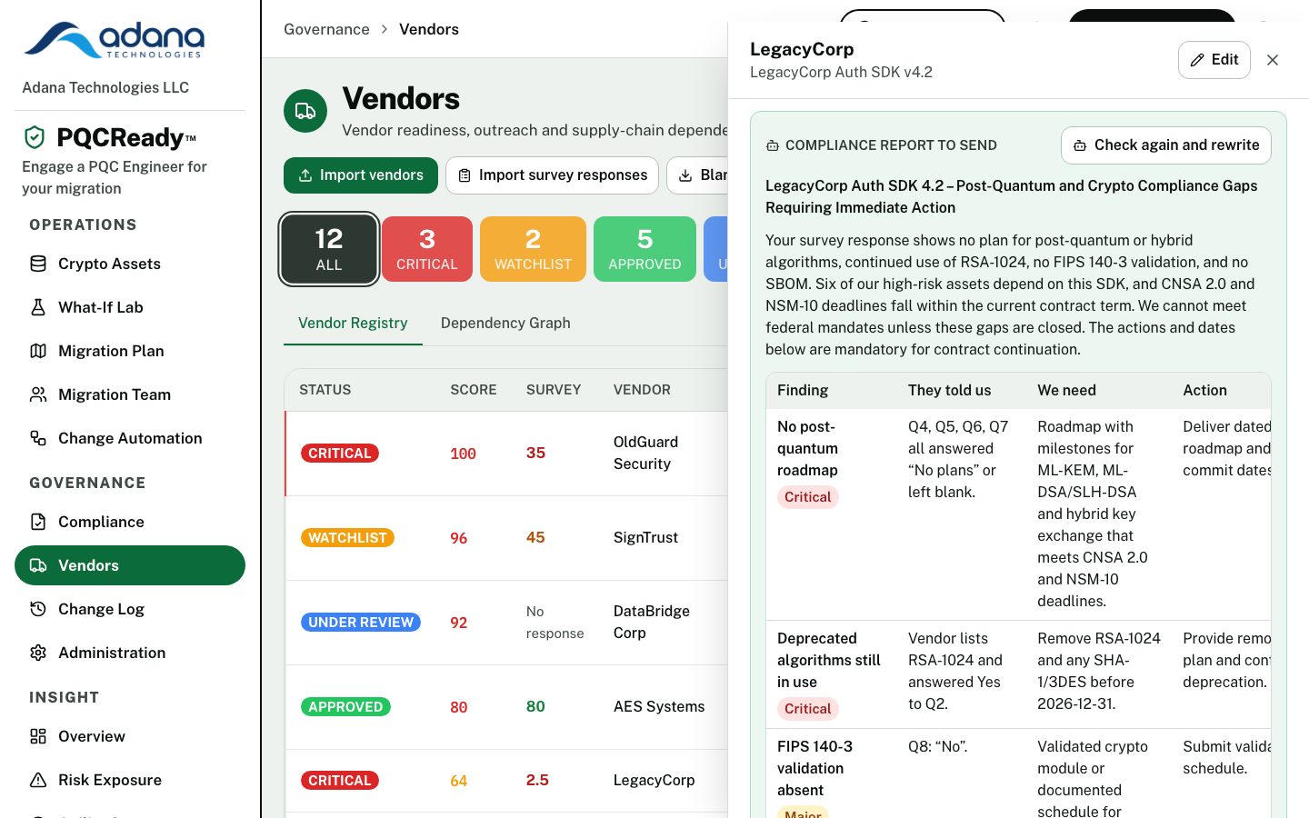 Vendor panel for LegacyCorp showing the compliance report the engineer wrote, with findings and what is needed for each