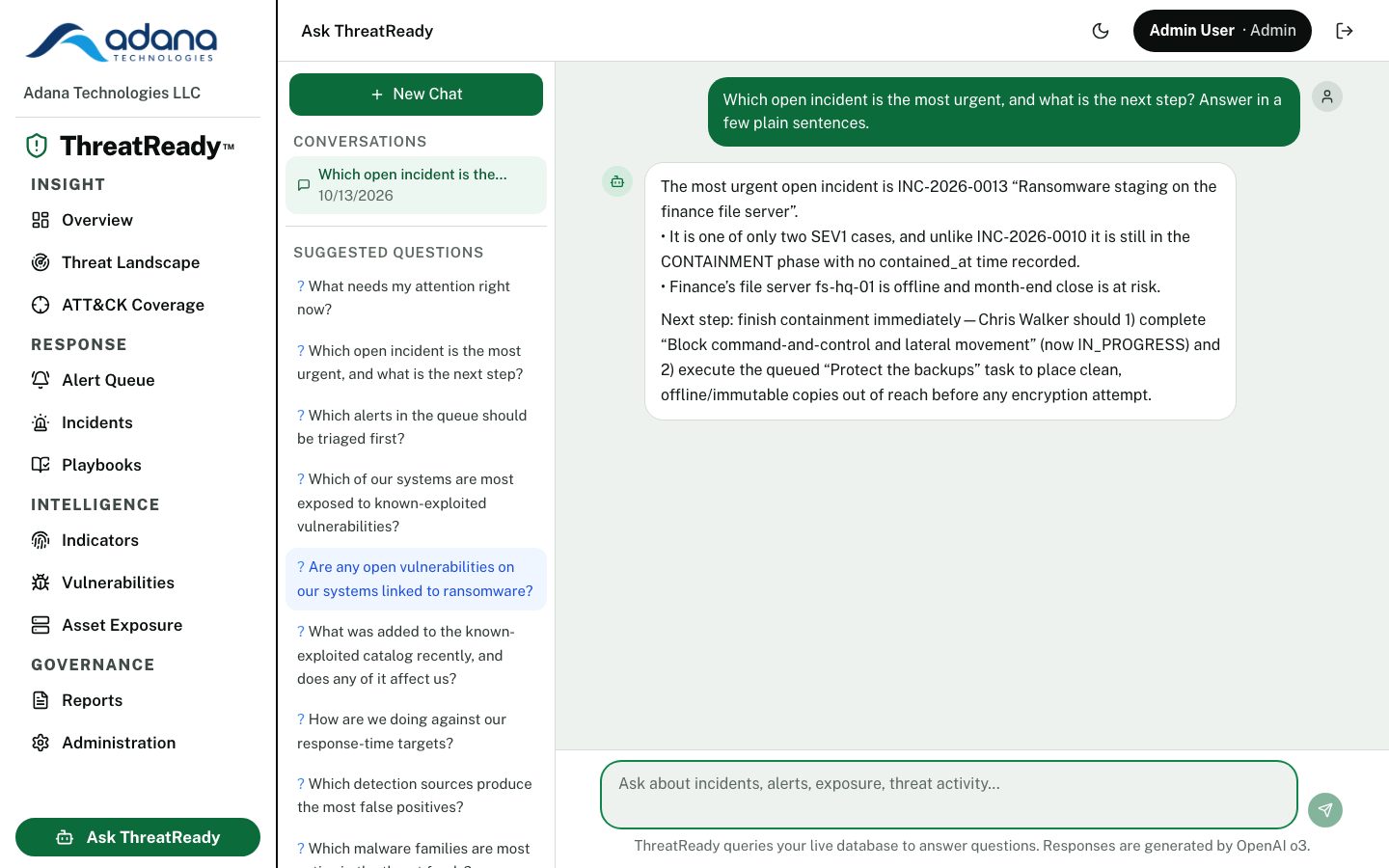 AI assistant naming the most urgent incident and its next step